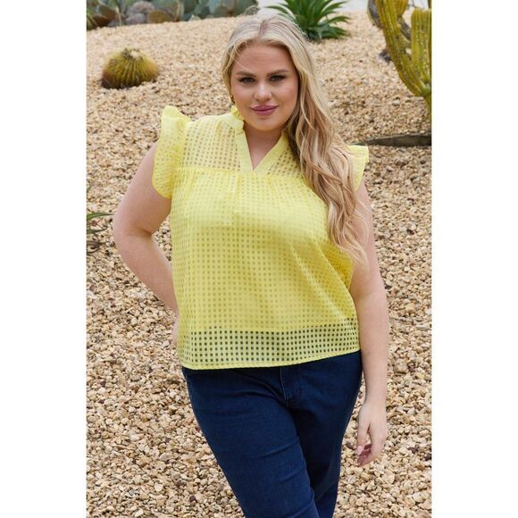 And The Why Full Size Ruffle Sleeve Grid Babydoll Top - Picture 1 of 12